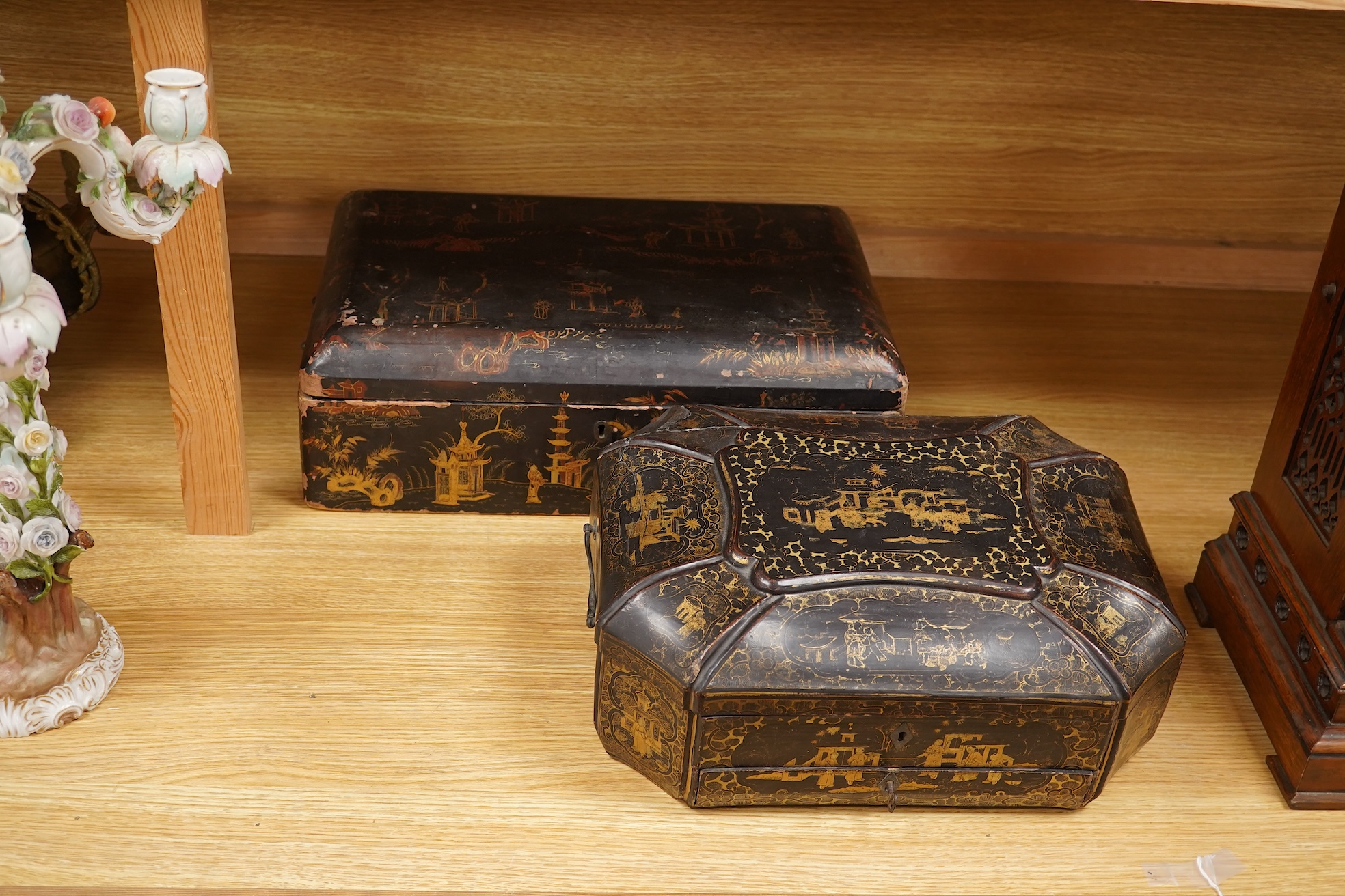 Two 19th century Chinese export lacquer boxes, to include a hexagonal example with front drawer and key, 36cm wide x 28cm deep x 16cm high